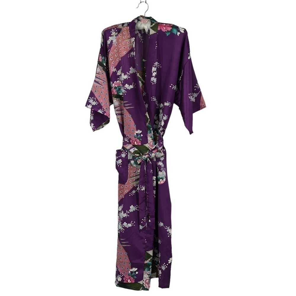 Silky‎ Satin Purple Robe Colorful Asian Inspired Floral Peacock Print Size Small